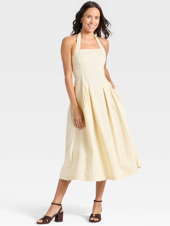 a new day Dresses & Skirts - a new day Cream Halter Midi Dress with Pleated Skirt